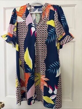 Navy Tropical Print Mini Dress
